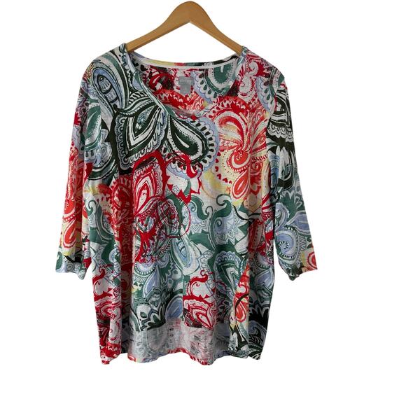 Chicos Top Women Extra Large 3 Blue Floral 3/4 Sleeve Casual Basic V-Neck Blouse - Picture 1 of 6